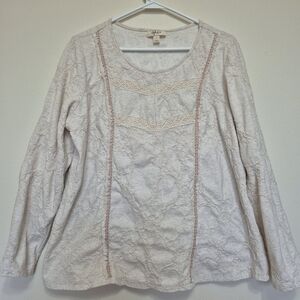 Style & Co Cream Textured Lace Trim Long Sleeve Boho Tunic – Size L